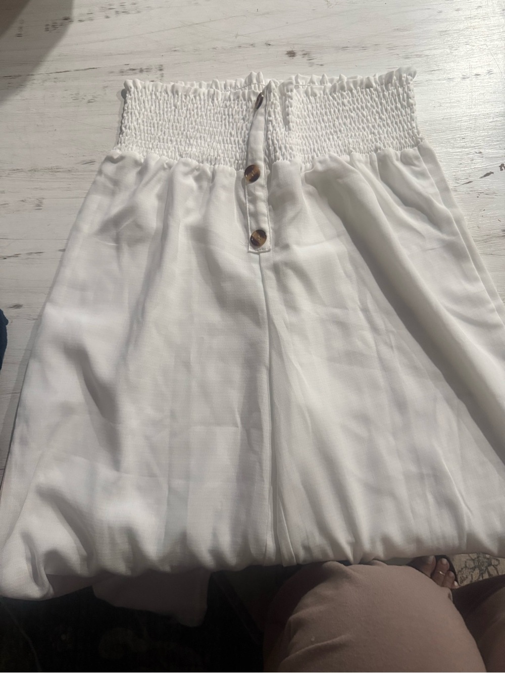 White Smocked Waist Button-Front Skirt